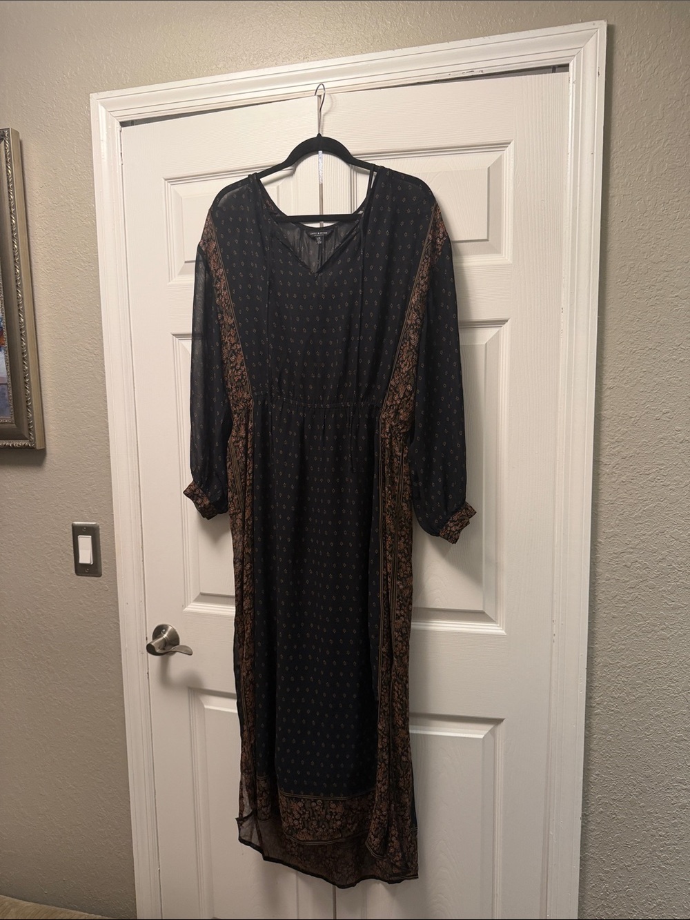 Lucky Brand Black Maxi Dress with Brown Paisley Panels